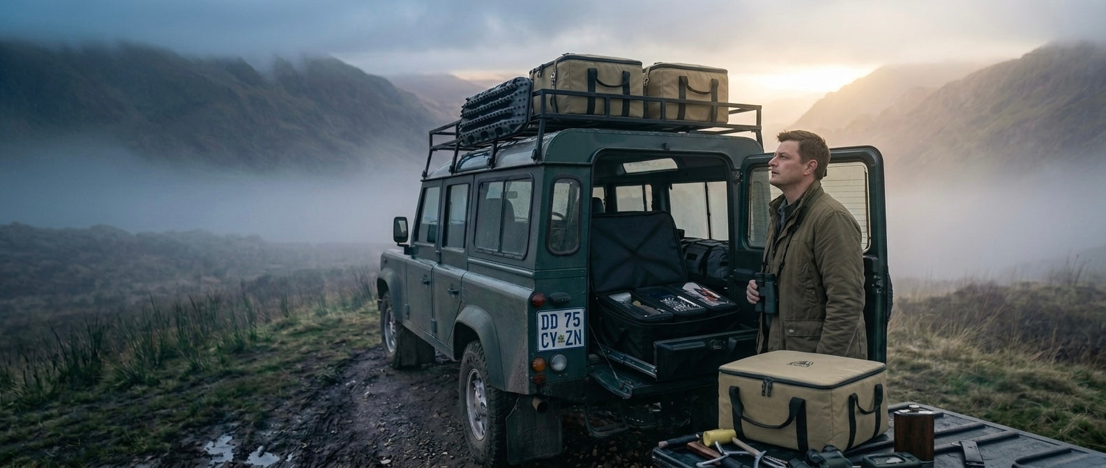 A man stands beside the open rear hatch of a dark green off-road safari vehicle loaded with gear, parked on a misty mountain road at sunrise.
