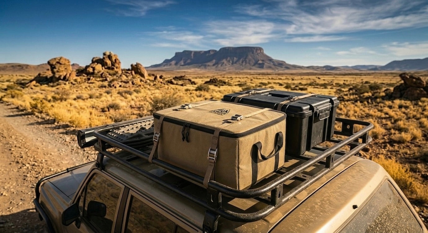 A beige canvas gear bag and a black hard-sided case loaded onto the roof rack of a vehicle in a desert landscape with mountains in the background.